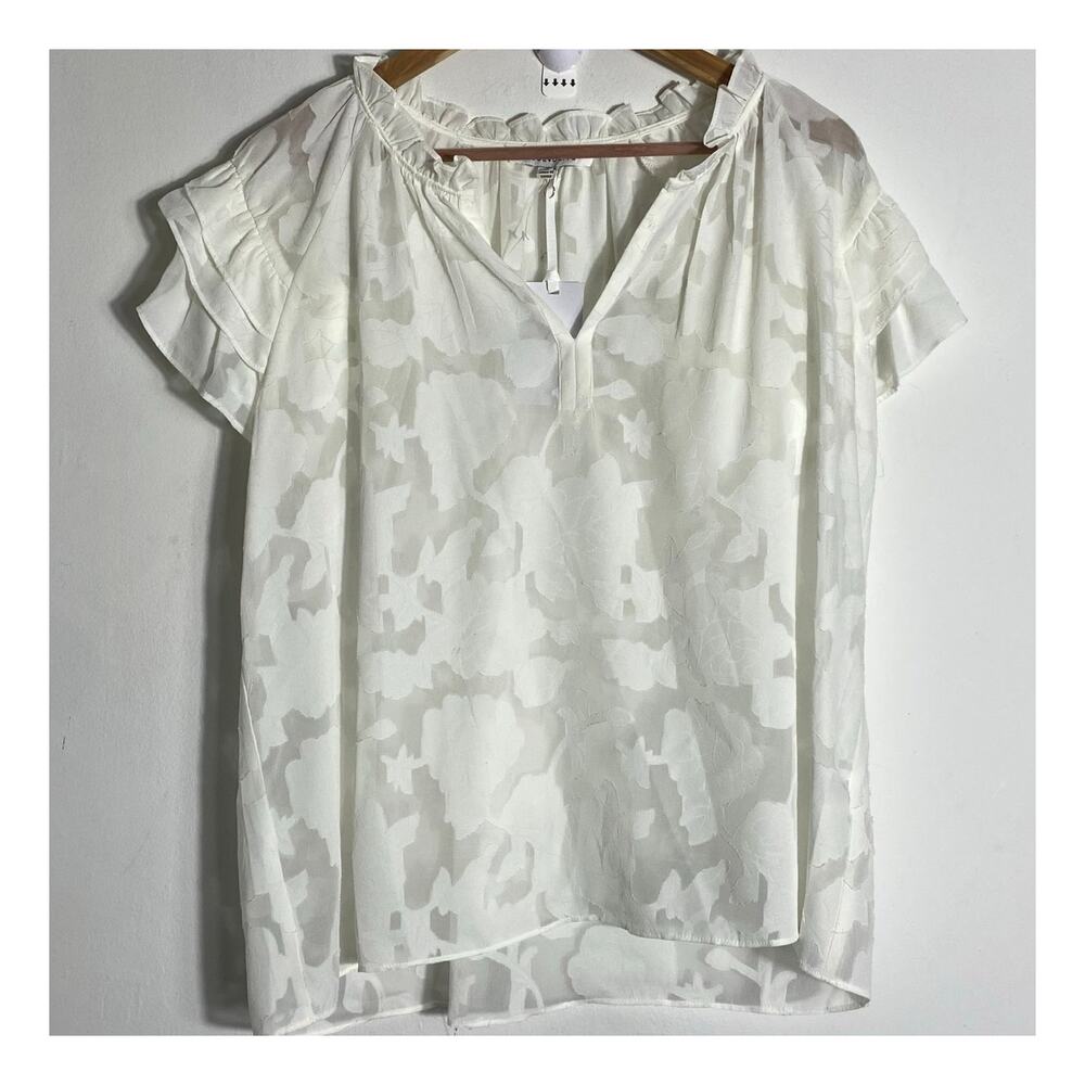 White NWT Semi Sheer Floral Ruffle Sleeve Blouse Top‎ SZ XL Casual Office Boho